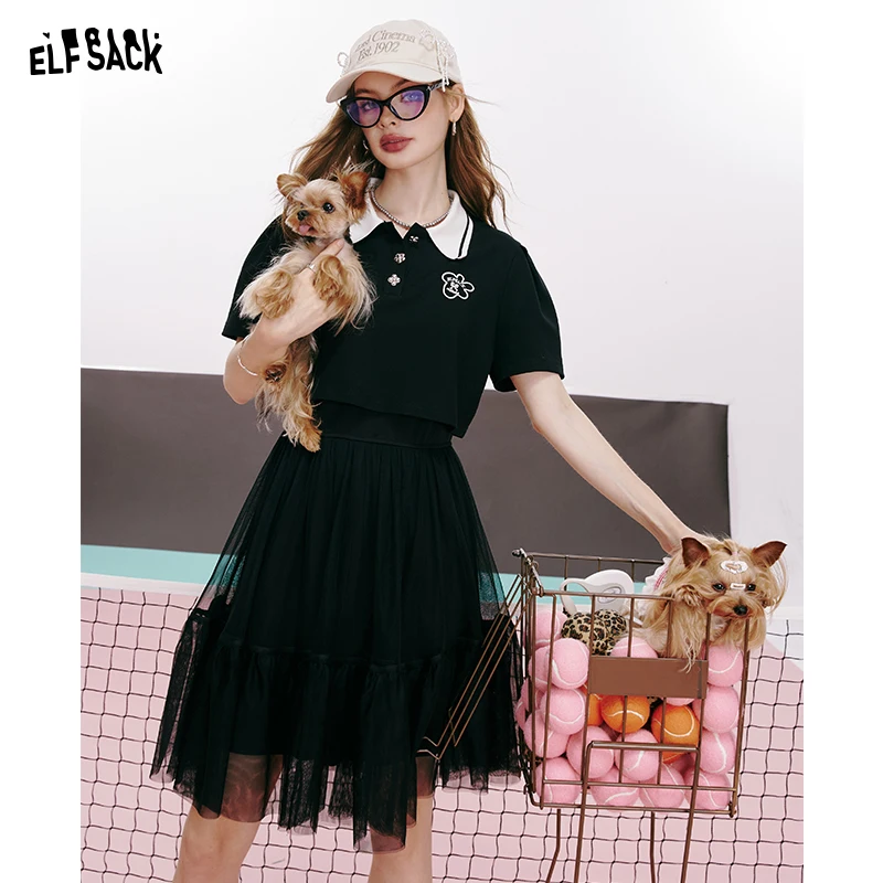 

ELFSACK 2024 summer new arrival College style suit collar black temperament age-reducing casual T-shirt suspender dress two-piec