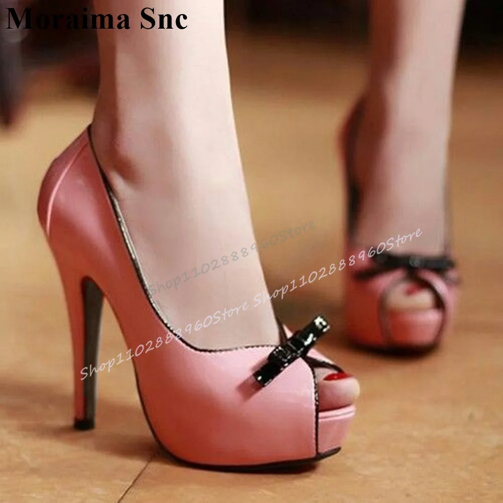 

Graceful Pink Leather Bowknot Platform Pumps Thin High Heel Shoes For Women Slip On Peep Toe 2025 Fashion Zapatos Para Mujere