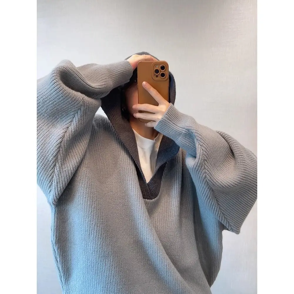 هودي فضفاض برقبة على شكل V للرجال، سترة محبوكة عصرية لفصلي الخريف والشتاء، قميص أساسي بأسلوب كوري كسول، سترة بياقة على شكل قلب #4