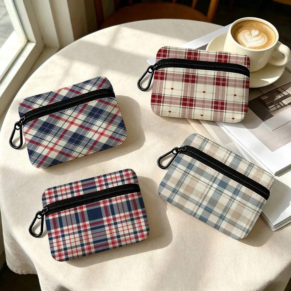 Christmas Plaid BEAUTY  Portable Mini Oxford Cloth Coin Purse With Carabiner Hook Zipper Key Card Earphone Storage Wallet
