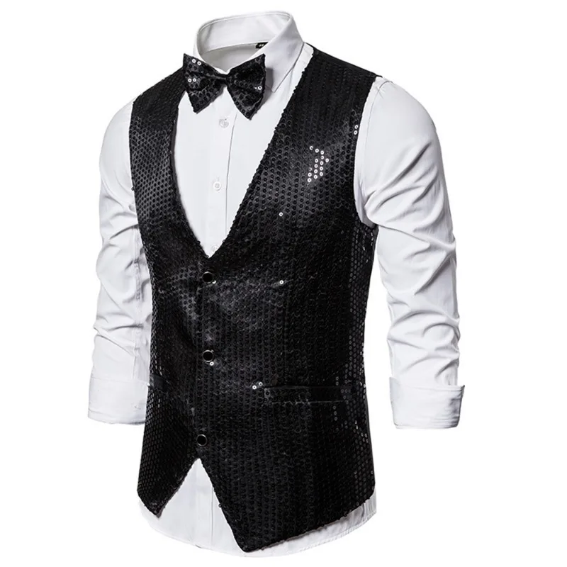 Mens Sequin Vest Wedding Party Groom Best Man Host Master of Ceremonies Fashion V-Neck Vest Jacket Stage Performance Dress Vests