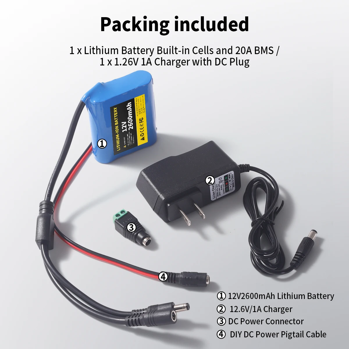 12V 2.6Ah 2600mAh Rechargeable Li-ion Battery Pack 18650 A Grade Built-in 10A BMS, with 12.6V 1A Fast Charger & DC Power Connector, for CCTV Camera, LED Light Strip, Solar Panels, RC Cars, Robot, DIY Project, Router, Wireless Camera