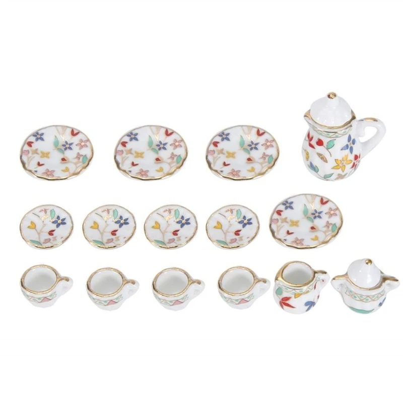 

57EE Dollhouses Kitchen Decoration Accessories,15Pcs Flower Porcelain Teacup Set