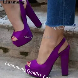 Purple Suede Chunky Heel Pumps Linamong Elegant Peep Toe High Platform Thick Heel Shoes Blue Red Party Dress High Heels Big Size