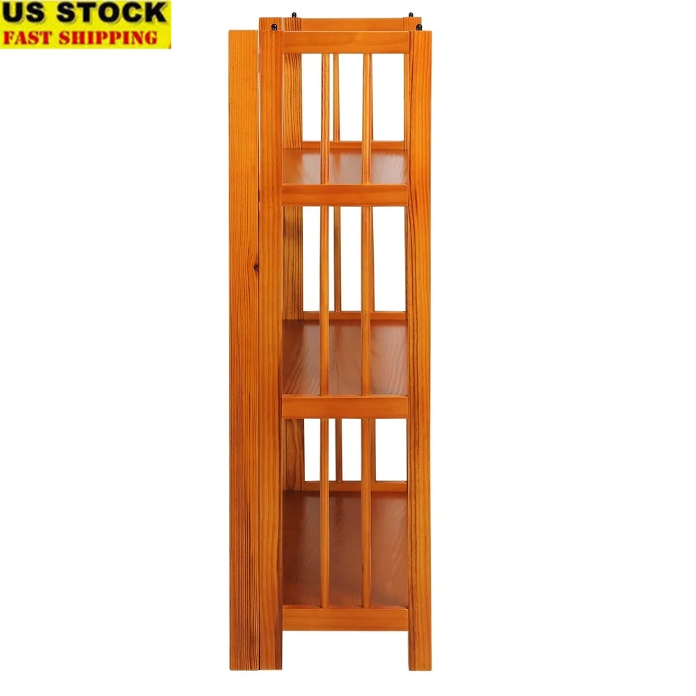 

3 Tier Folding Bookcase Solid Wood Honey Oak Stackable Shelves Space Saving Storage Modern Home Office Decor