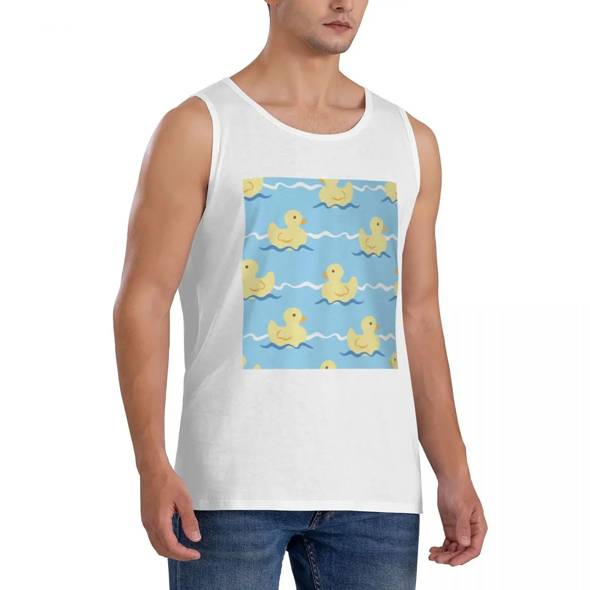 100% Cotton Cute Duck Swimming Seamless Pattern Sleeveless T-Shirt Men Workout Sports Clothing Tops Men's Crew Neck Vest