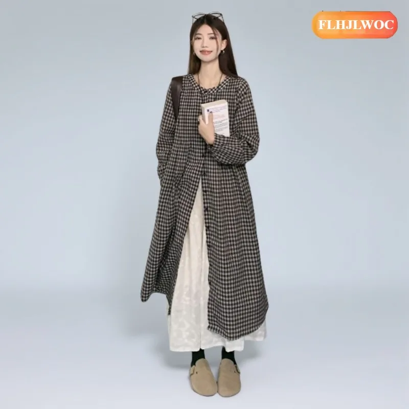 Losse kleding Leuke jurken Outfits Nieuw 2026 Lente Herfst Lange mouw Casual Japanse stijl Meisje Retro Vintage geruite overhemdjurk