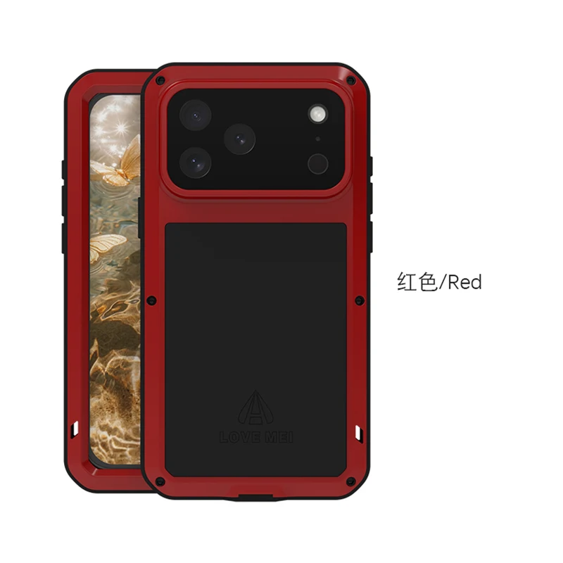 Original love mei poderosa armadura de metal choque à prova de sujeira capa resistente à água para iphone 17 16 15 14 13 12 11 pro max plus caso