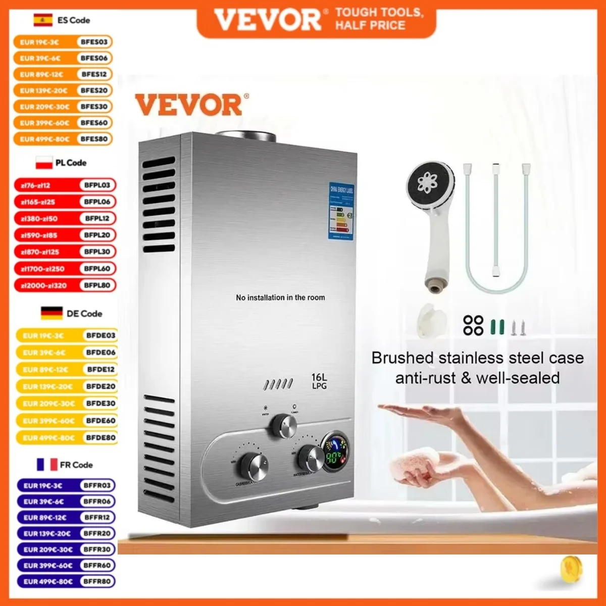 VEVOR LPG Hot Water Heater Instant Gas Water Heater Butane Propane Gas Boilerr 6-18L LPG Boiler Home Appliance Outdoor Heaters