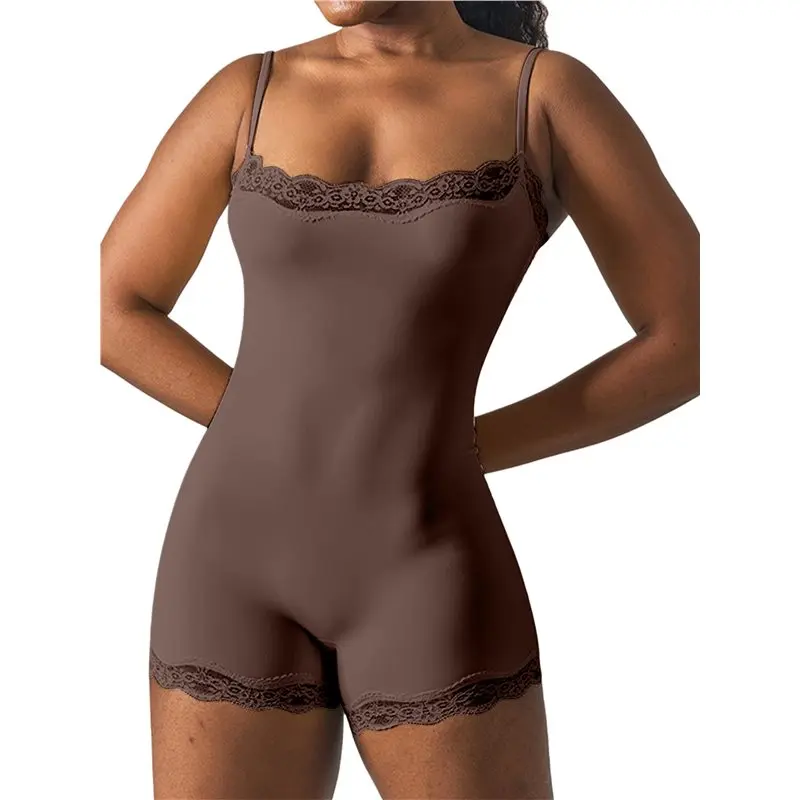 

ABRT-Women's Long Jumpsuit Square Neck Short Romper Bodysuit One-Piece Lace Trim Shapewear
