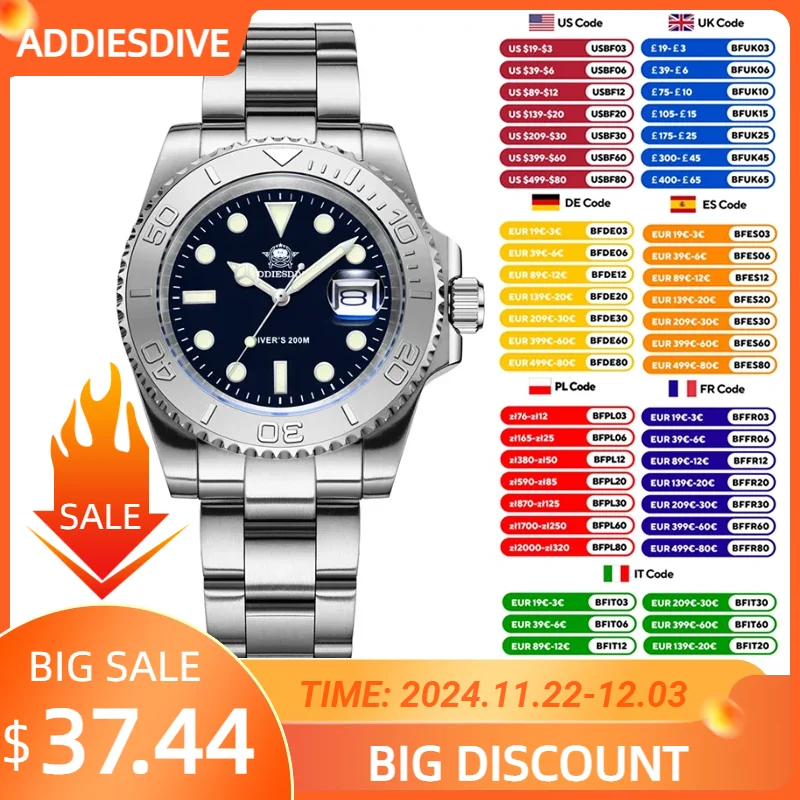 ADDIESDIVE Top Brand Quartz WatchBusiness Stainless Steel 200M Dive Super Luminous Watches Calendar Mens Wristwatch Reloj Hombre