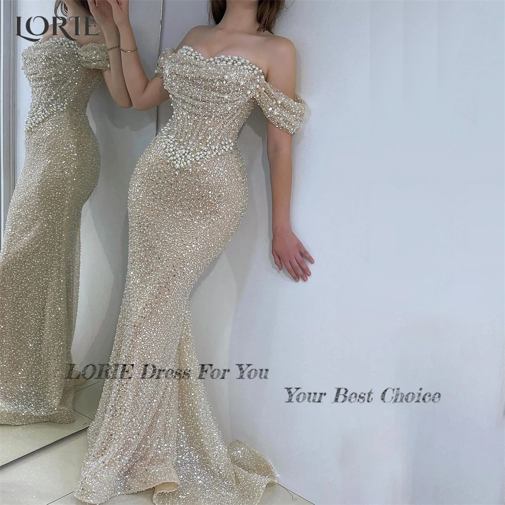 LORIE Glitter Lace Mermaid Formal Evening Dresses Pearls Bodycon Off Shoulder Bridal Gowns Backless Pageant Wedding Party Gowns