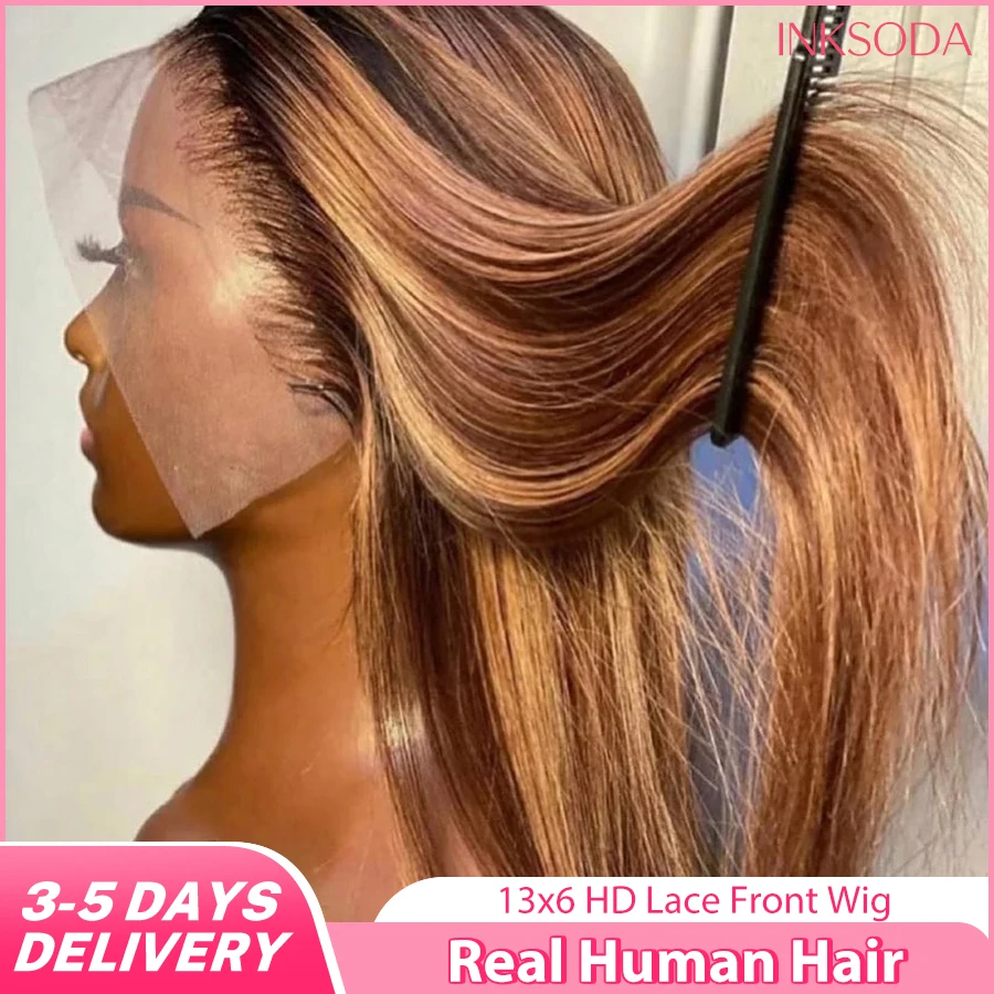 

Выделите 13x6 Кружевной фронтальный парик Прямые человеческие волосы 40 30 дюймов Ombre Коричневый цветной парик Бразильские волосы P4/27 Медовый блондин