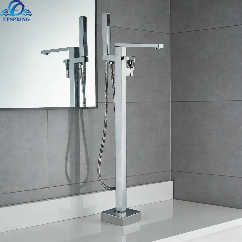 New Arrivals Chrome Polished Single Brass Floor Free Stand Shower Faucet Set Shower Head Hand Shower Thermostatic Rain Spray