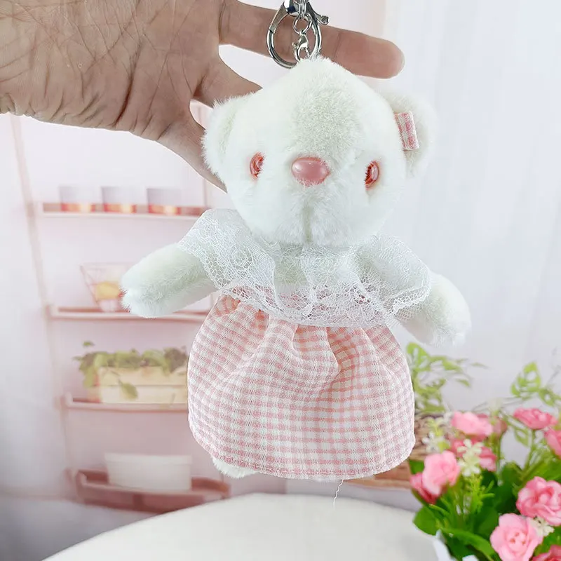 Porte-clés en peluche ours jupe à carreaux pour enfants, pendentif, beurre, doux, animal en peluche, jouets en peluche mignons de dessin animé, breloque pour sac, cadeau pour filles, 15cm