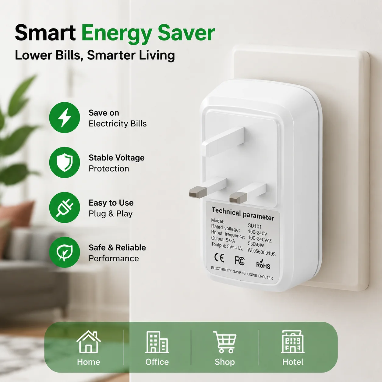 Household Electrical Voltage Regulator EU/US/UK household appliances Stabilize Voltage 90V-250V