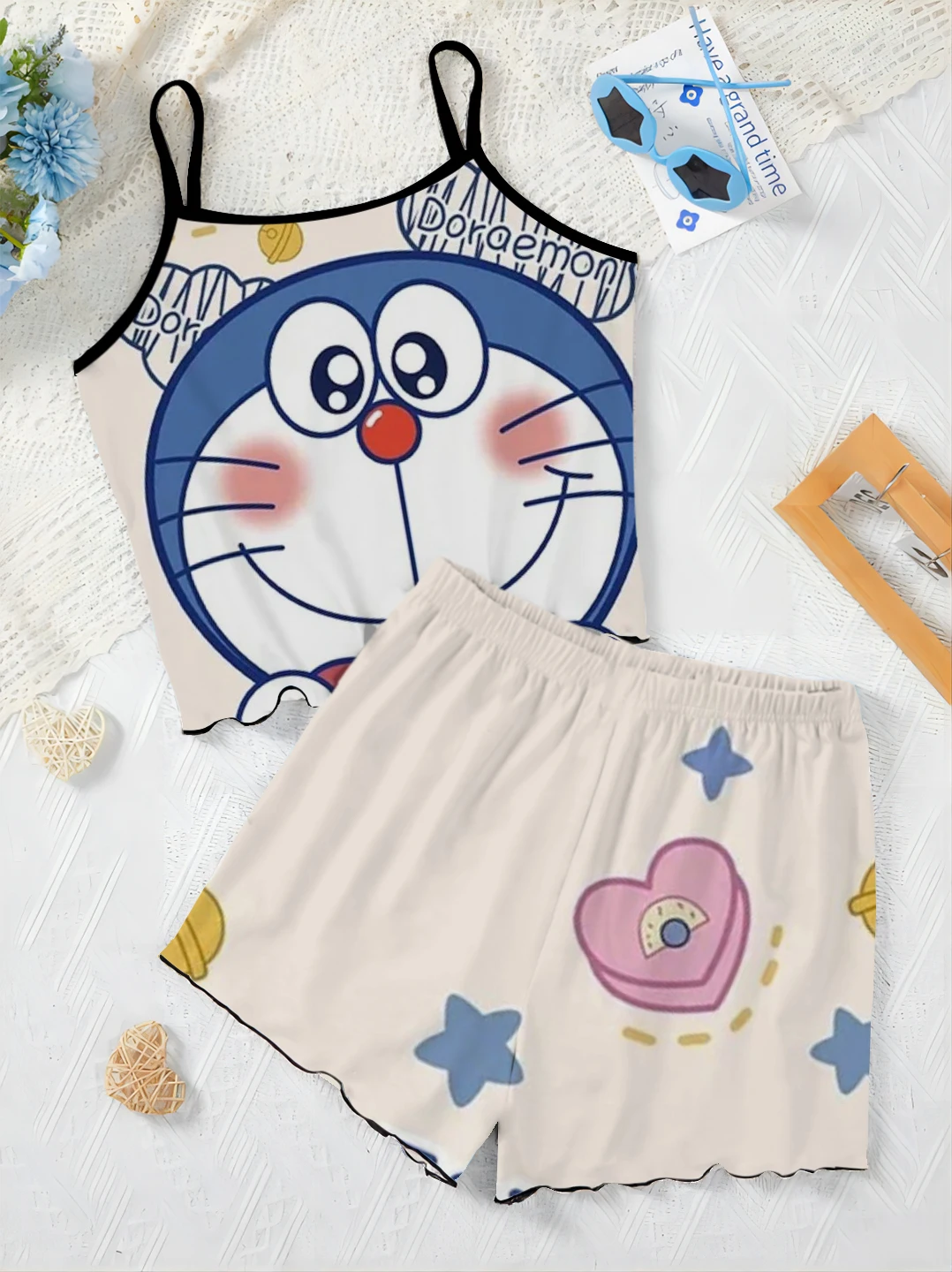 Summer Outfit Women's Suit Slip Dress Top Pajama Skirt Lettuce Trim T-shirt Doraemon Short Sets Satin Surface Pieces Elegant Top