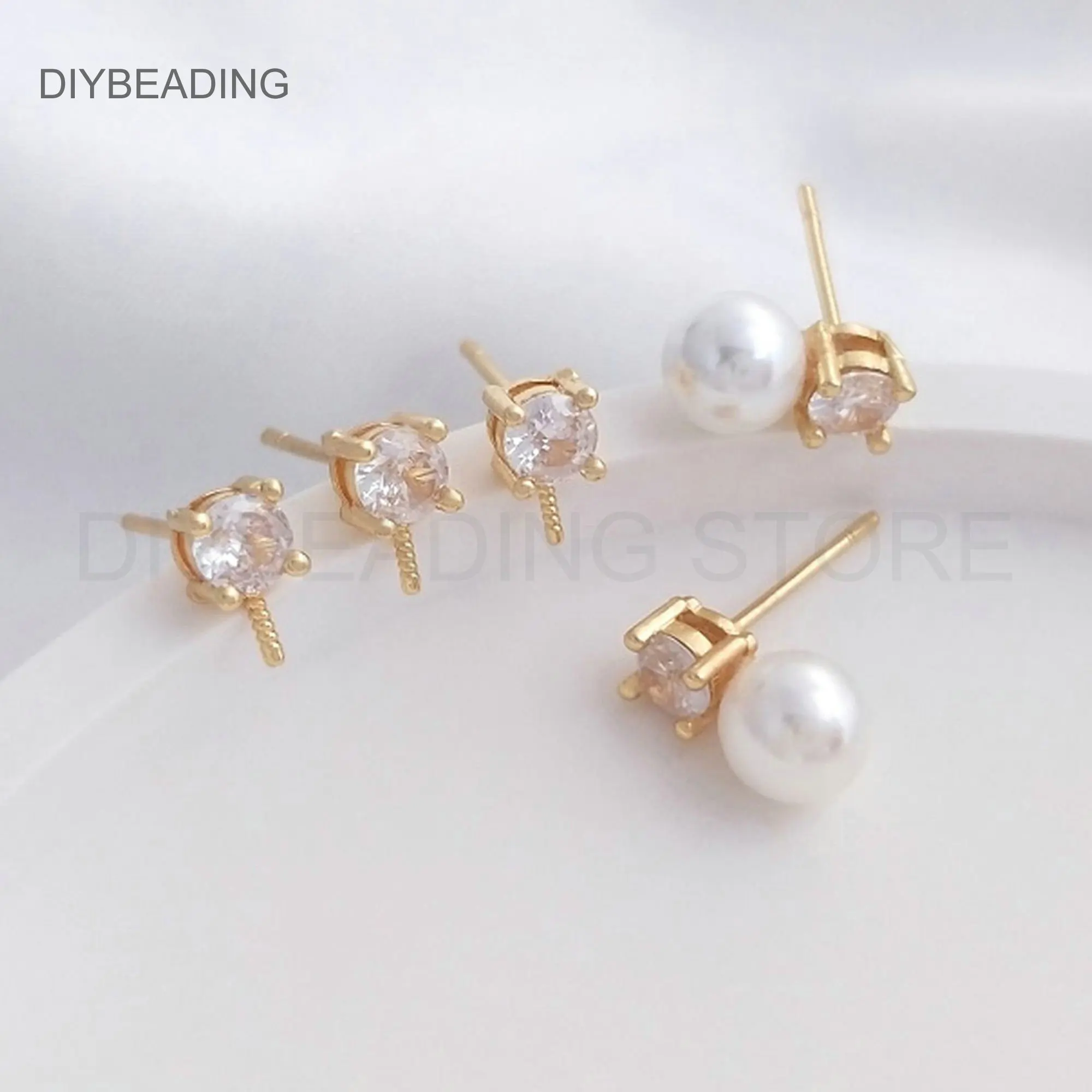 Half Drilled Pearl Stud Earring Post Finding for Jewelry Making 14K Gold Plated Mini CZ Stud Earring Component with Peg Bail