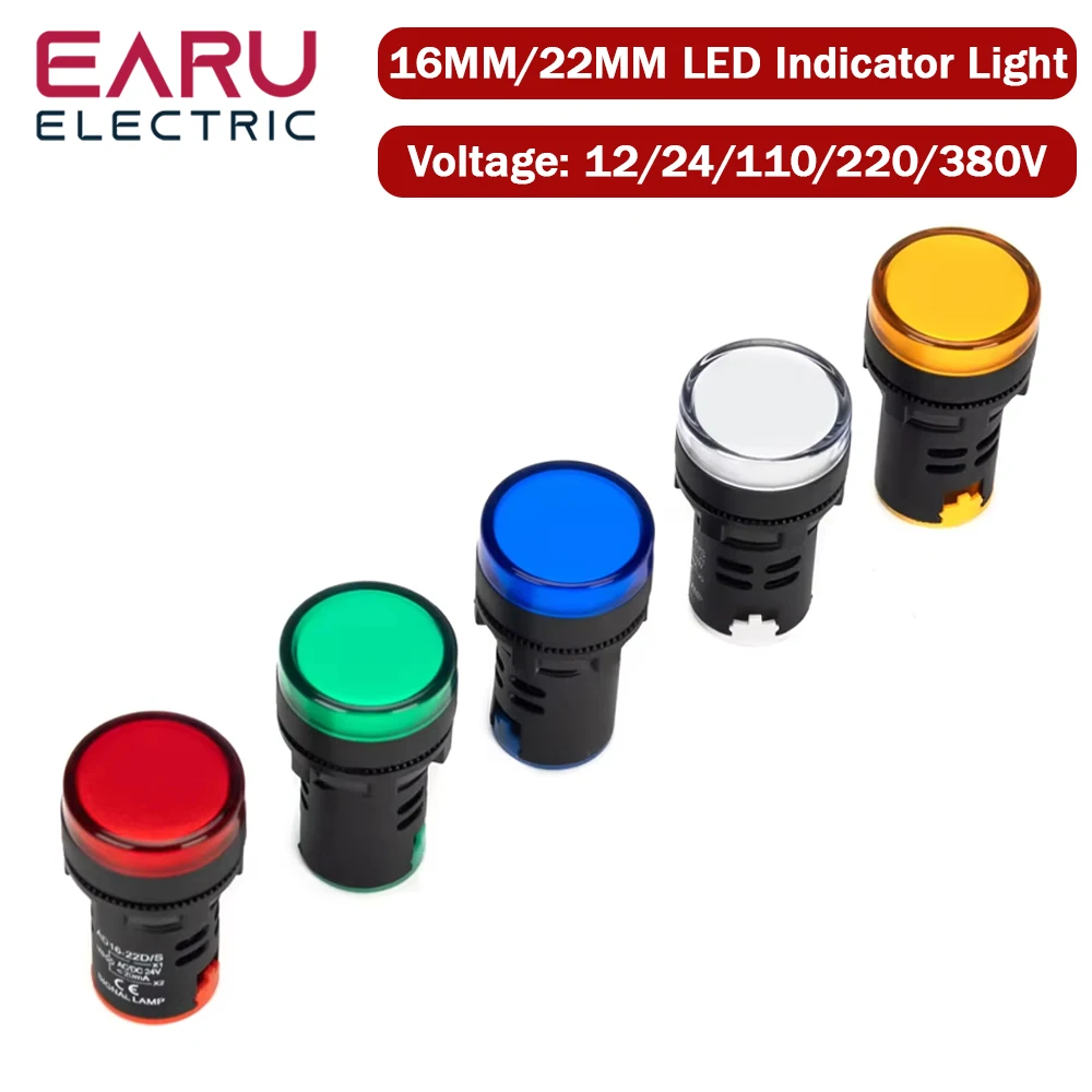 EARU 16MM 22MM LED Power Electronic Indicator Pilot Signal Light Lamp AC DC 12V 24V 110V 220V 380V Red Green Yellow Blue White