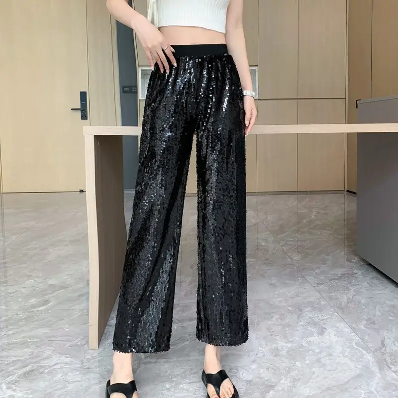 Spring and Autumn Loose Bling Silver Sparkling Sequin Elastic Waist Casual Nine-Point Pants Super Flash Wide Leg Pants Children