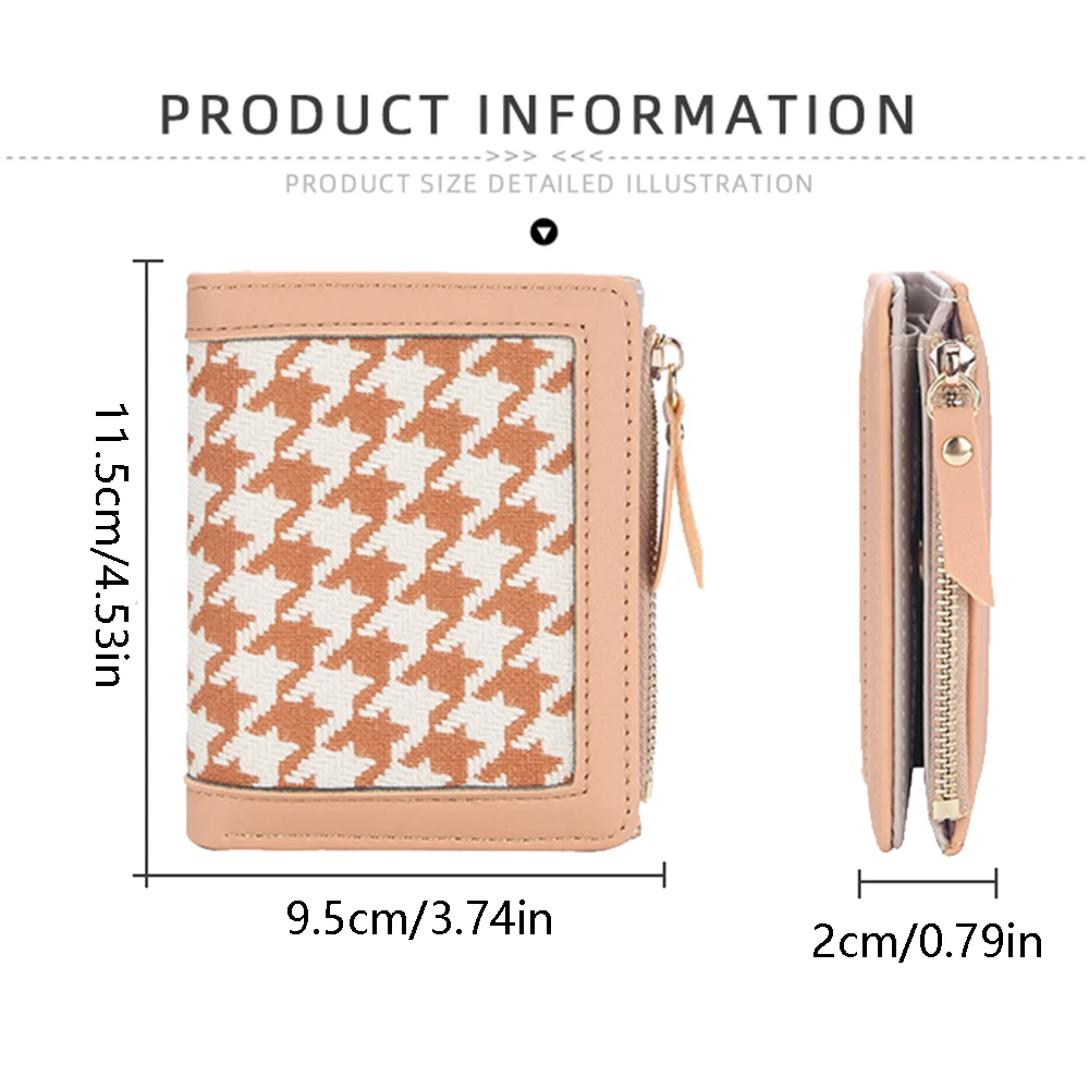 1Pc Houndstooth Pattern Patchwork Women's Short Wallet, Snap Button Pu Leather Wallet with Side Zipper Coin Pocket, 5 Card Slots + Transparent Id Window, Preferred Gift for Girls on Birthdays and Holidays