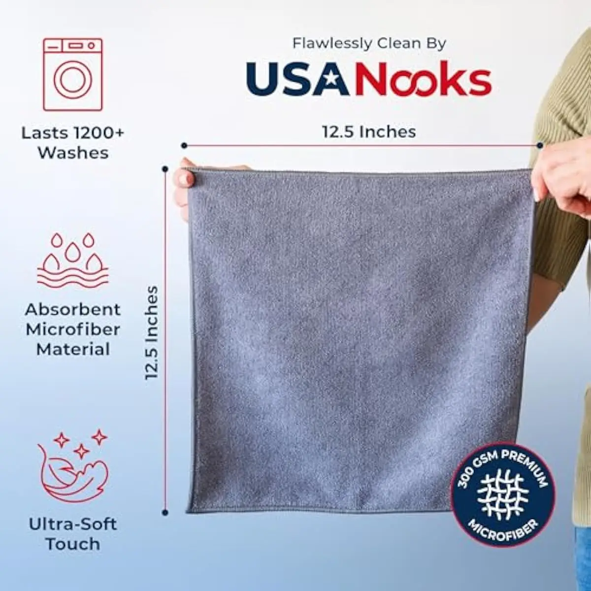 Microfiber Cleaning Cloth Grey - 12 Pcs (12.5'x12.5') - High Performance - 1200 Washes, Ultra Absorbent Microfiber Towel Weave G