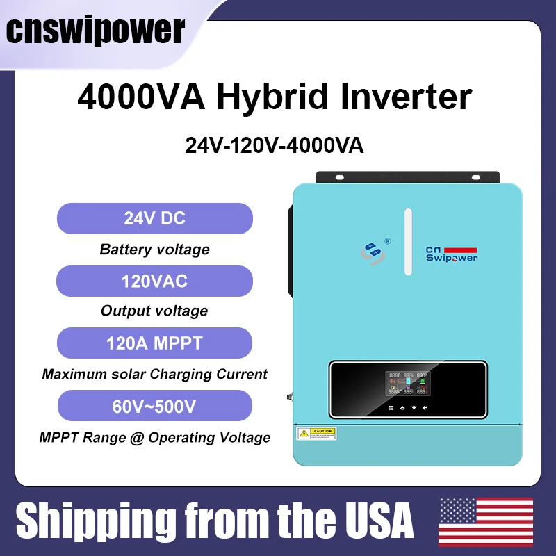 

CNswipower Pure sine wave hybrid inverter 4000VA 3600W 24VDC 110VAC 120AMPPT controller power supply hybrid solar inverter