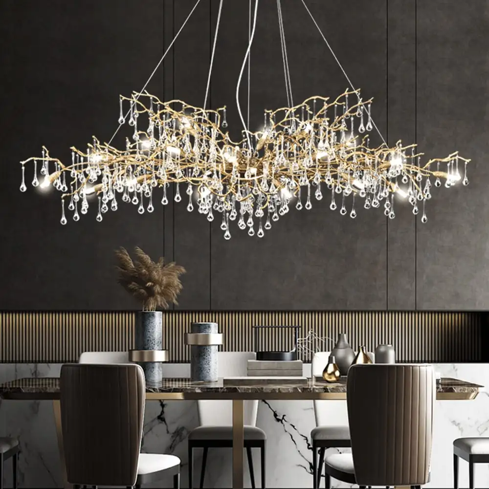 Vintage Tree Branch Crystal Chandelier, Brass Hanging Pendant Light for Dining Room Living Room