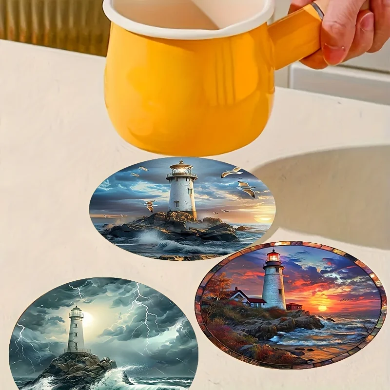 2D 6PCS 10CM Coastal Lighthouse Theme Wooden Coaster Desktop Protection Home Decor Restaurant Bar Coffee Shop Office Decor