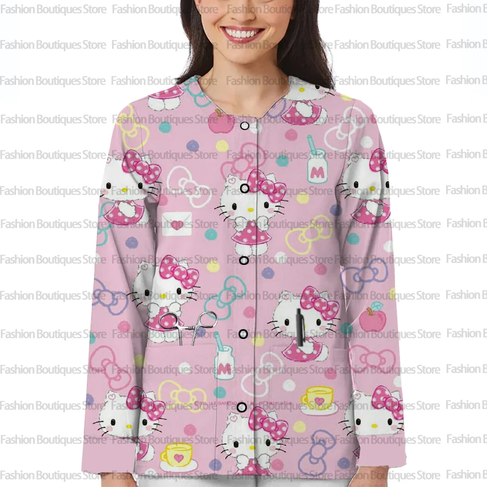 Damska kurtka robocza z długim rękawem i kieszeniami na wiosnę i jesień z motywem Hello Kitty, jednorzędowa, ochronna odzież robocza.