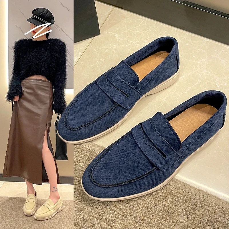 Women Flat Shoes Khaki Suede Summer Walk Shoes Slip-on Lazy Loafers Causal Moccasin Comfortable Mules Driving Shoes 2024