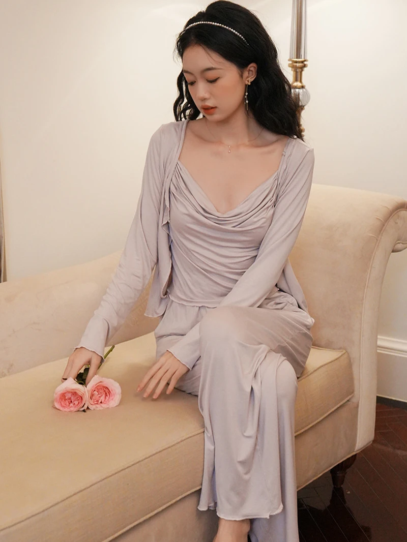 French Sexy Camisola pajamas Three Piece Set Spring Autumn Long Sleeve Cardigan Pants Loungewear Women Princess Sleepwear