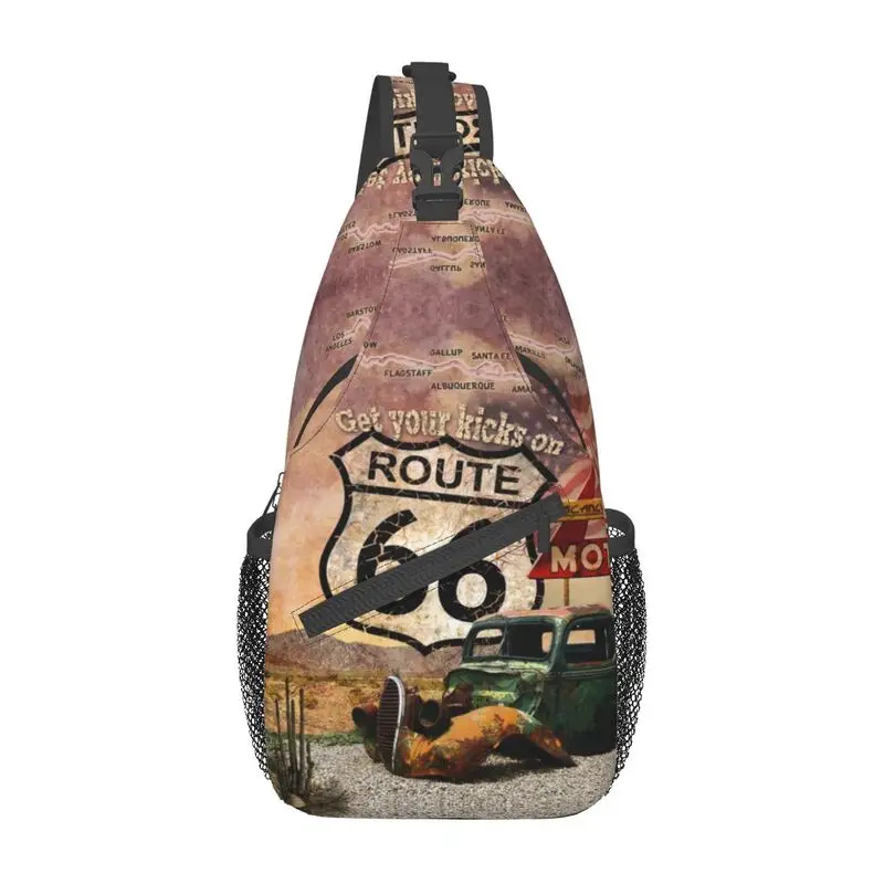 Cool Get Your Kicks On Route 66 mochila cruzada para hombre, bolso de hombro para el pecho, bolso de viaje para ciclismo, señal de carretera de EE. UU.