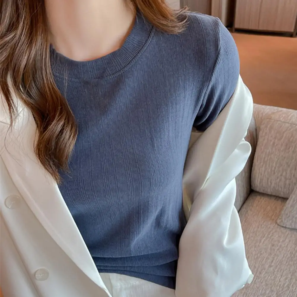

Women Bottom Tops Round Neck Long Sleeve Slim Fit Pullover Tops Solid Color Design Ribbed Texture Tee Shirt