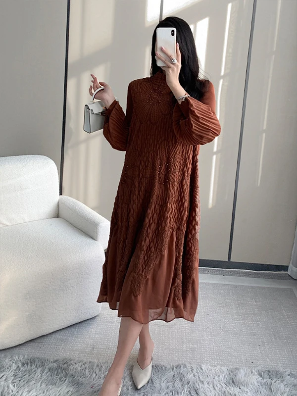 YUDX Pleated Women's Dresses Fashion Temperament High Quality Fashion Half High Neck Long Sleeve Beaded Long Dress 2024 Fall New