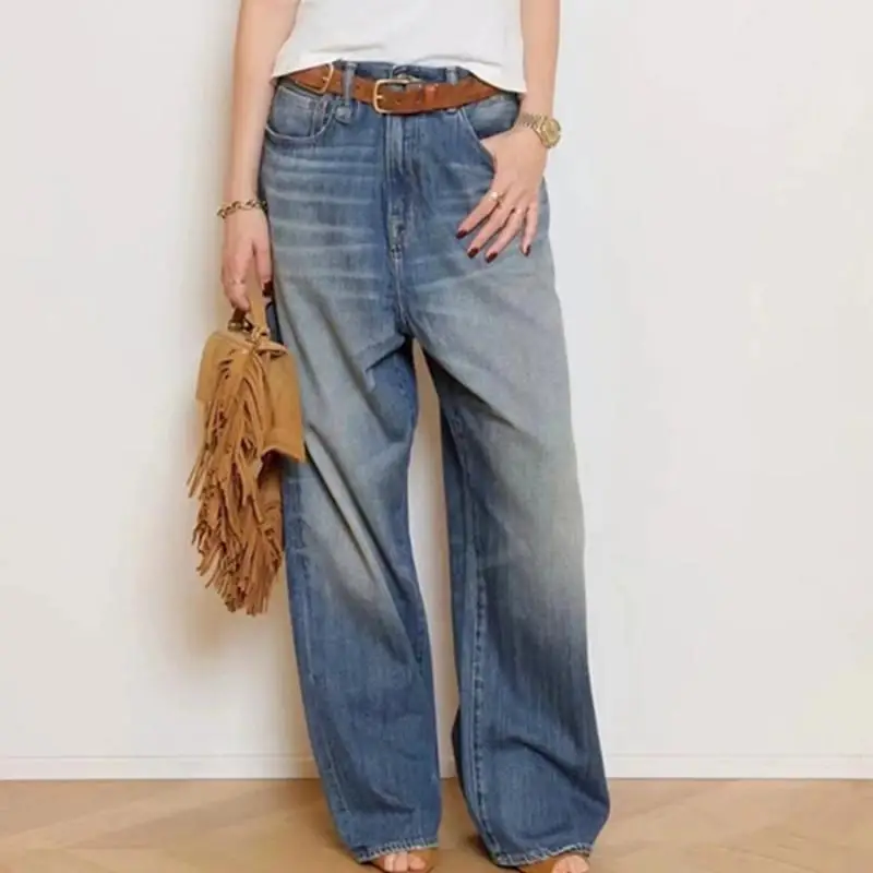 

Maxdutti Minimalist Retro Boyfriend Style Jeans Casual Jeans Washed And Worn High Waisted Nostalgic Loose Wide Leg Denim Pants