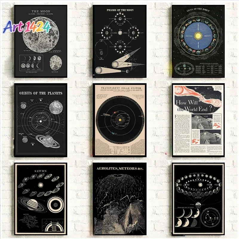 Vintage Space Astronomy Solar System Map Moon Phases Lunar Chart Poster Canvas Painting Wall Art Picture Room Home Decor Cuad