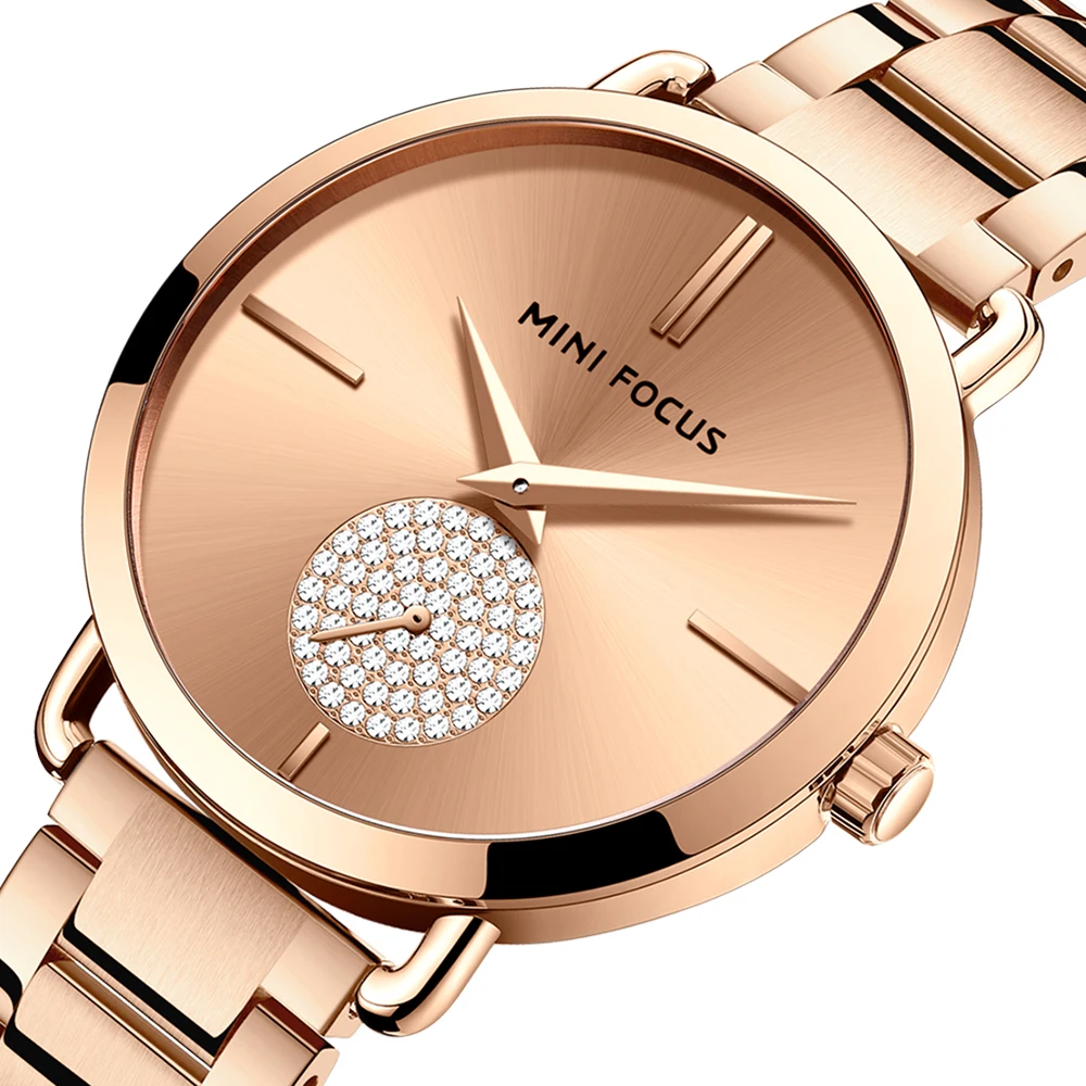 Mini Focus MF0222L Women Elegant Quartz Watches Diamonds Dial Gold Stainless Steel Band Waterproof Ladies Luxury Watch