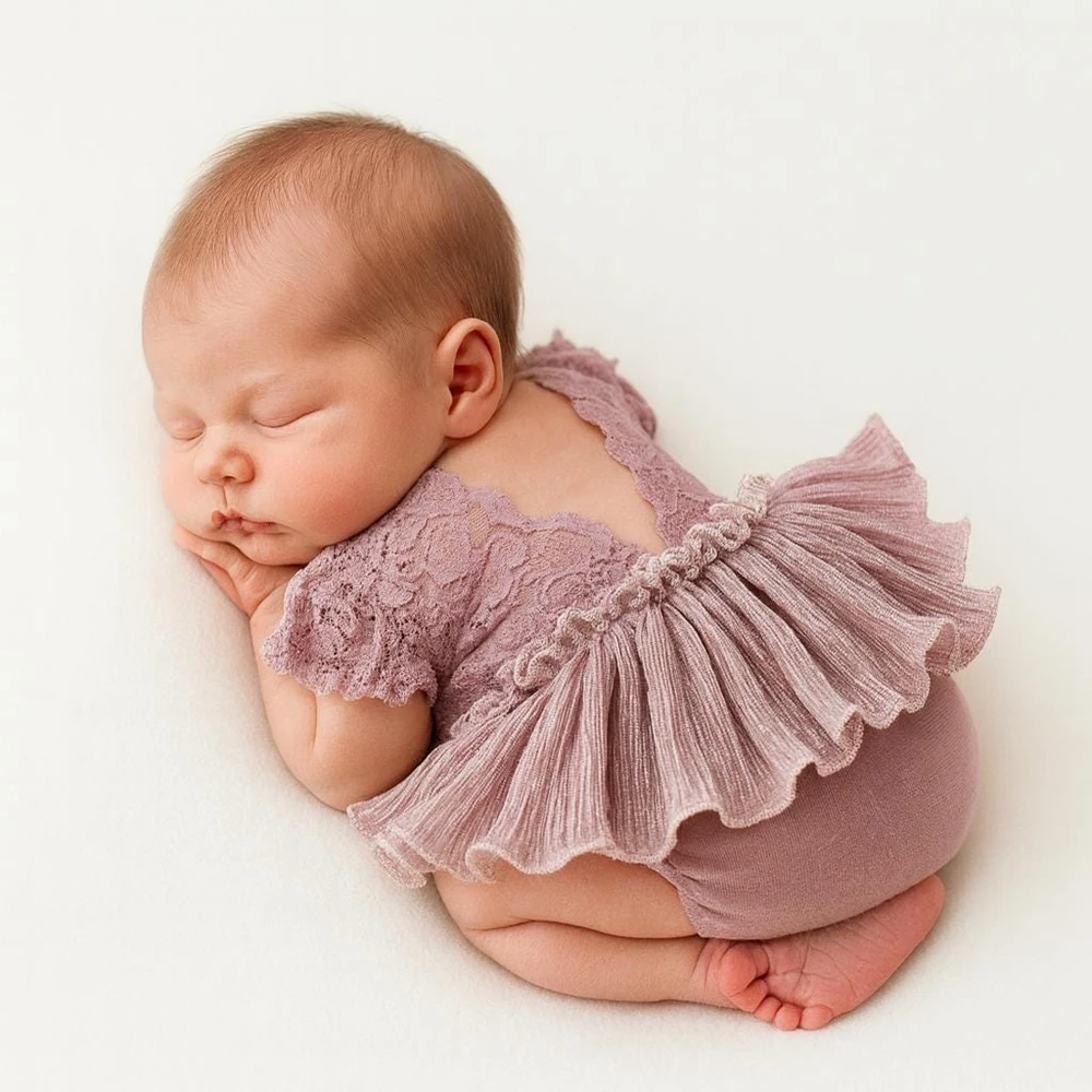 Newborn Photography Props Baby Girl Lace Romper Backless Ruffle Sleeve Infant Photoshoot Outfit Studio Clothes Accessories
