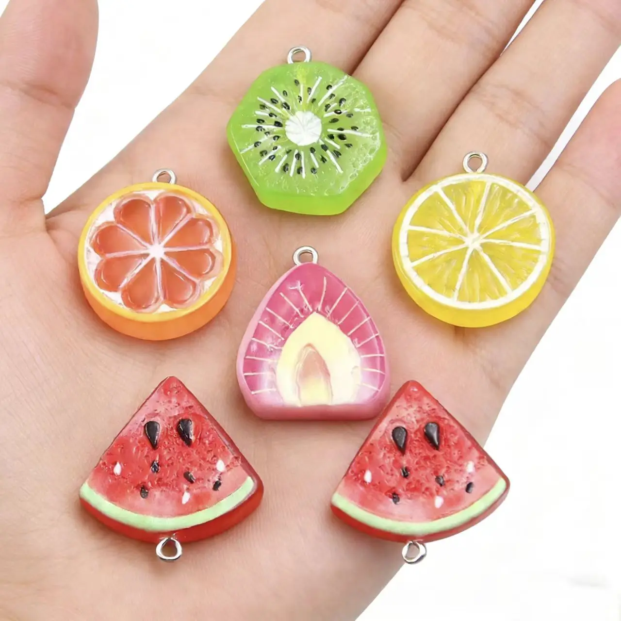 10Pcs Mix Fruit Resin Earring Watermelon Lemon Peach Orange Charms Diy Findings Keychain Bracelets Pendant For Jewelry Making