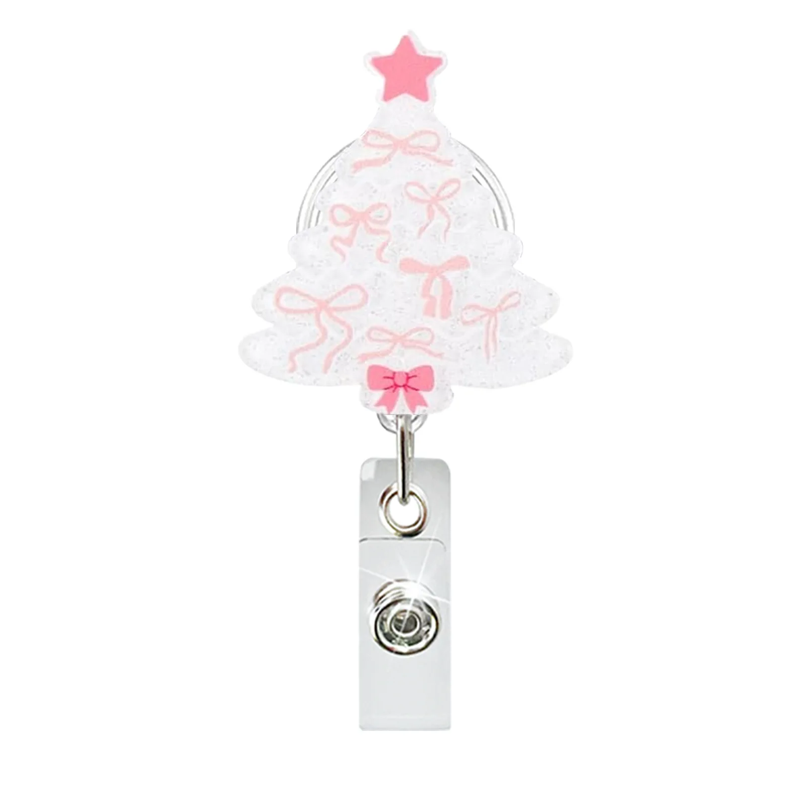 1 個の新しいアクリルクリスマスツリーサンタクロースバッジリール格納式 ID バッジホルダー 360 回転ワニ口クリップ名ホルダー付き