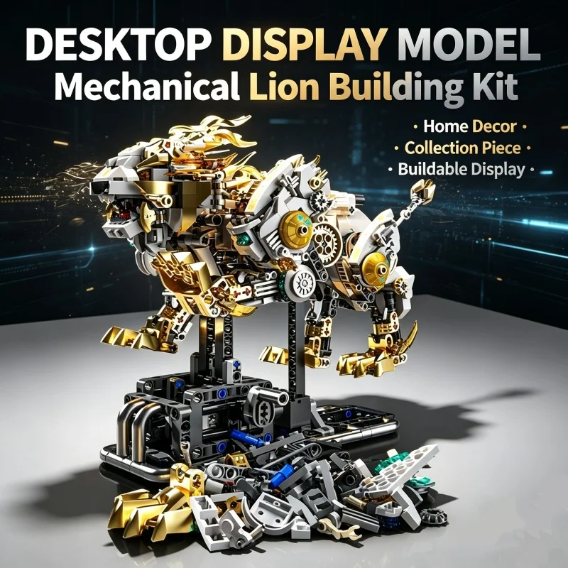 Mechanical Lion Building Blocks Set,LED Light Movable Limbs Display Stand,Collectible Assembly Model For Adult Hobby Collectors