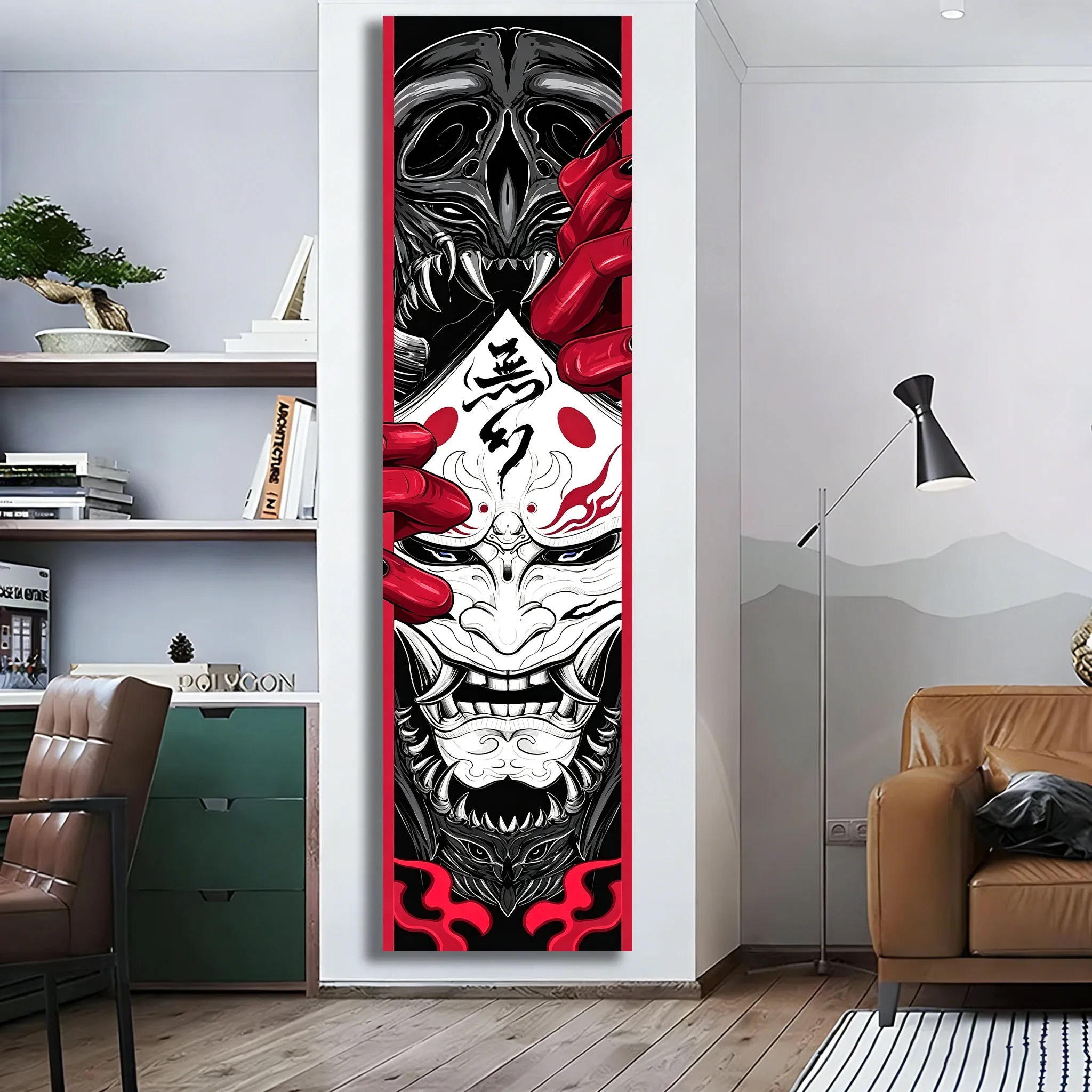 Japanese Oni Samurai Ghost Mask Long Tapestry Showa Period Wall Decoration for Otaku Bedroom House Door Curtain