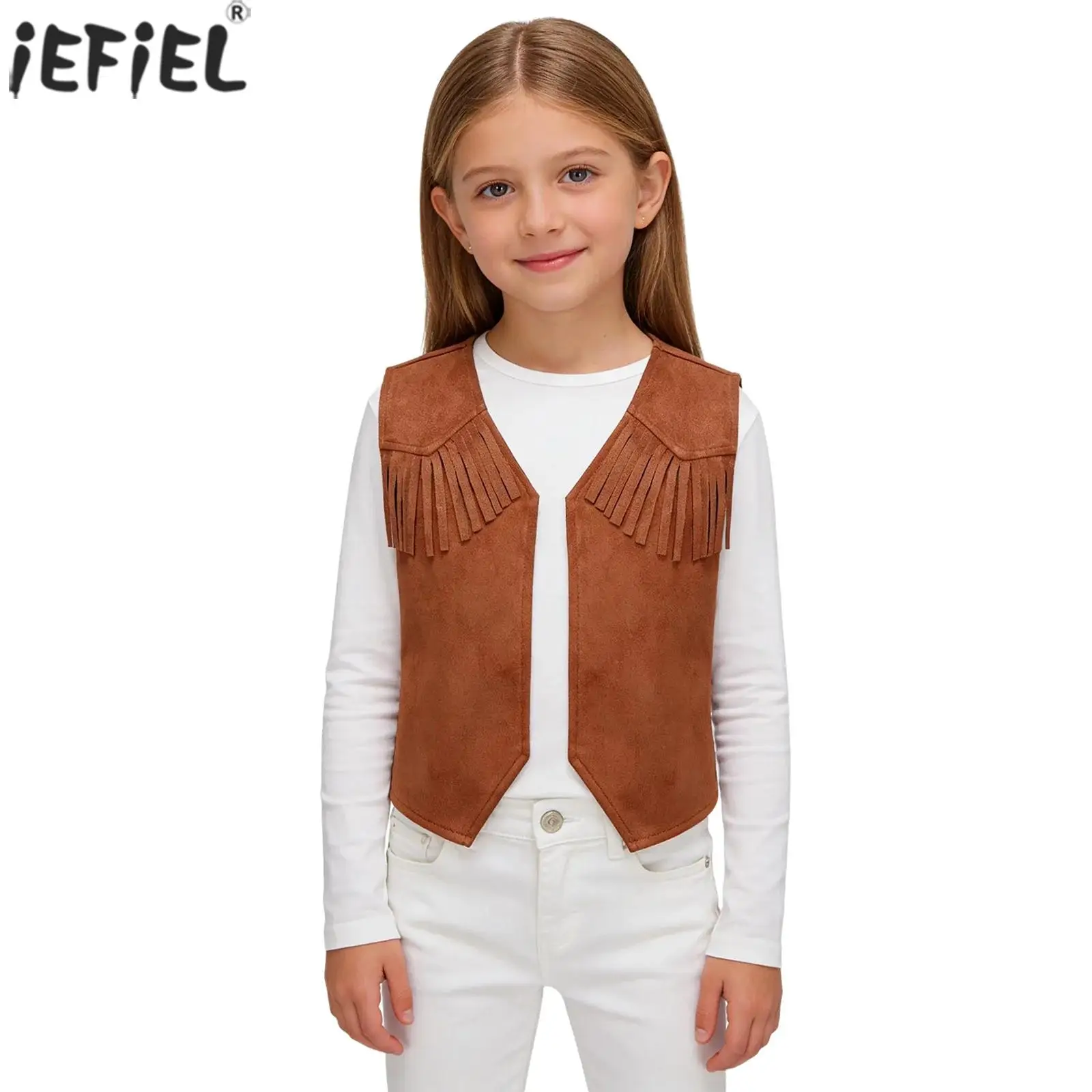 Children Western Cowboy Cowgirl Cosplay Costume Fringe Decor Open Front Vintage Suede Vest Waistcoat for Halloween Theme Party