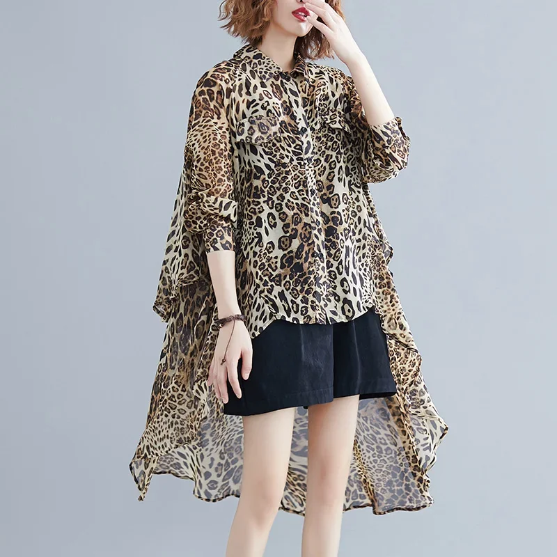 Women\'s short front and long back leopard print chiffon shirt loose and slimming thin sun protection clothing  plus size