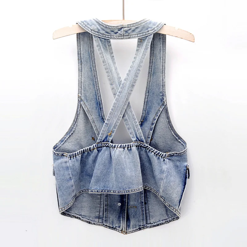 Spring Summer 2024 Vintage Washed Light Blue Women Denim Vest Korean Slim Casual Female Big Pocket Sleeveless Jeans Waistcoat