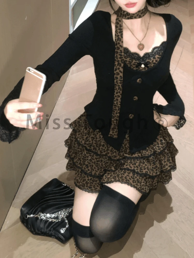 Haut en dentelle imbibée et jupe plissée taille haute pour femme, style Harajuku, mode coréenne, doux, rue haute, sexy, hiver, nouveau, Y2K, ensemble 2 pièces