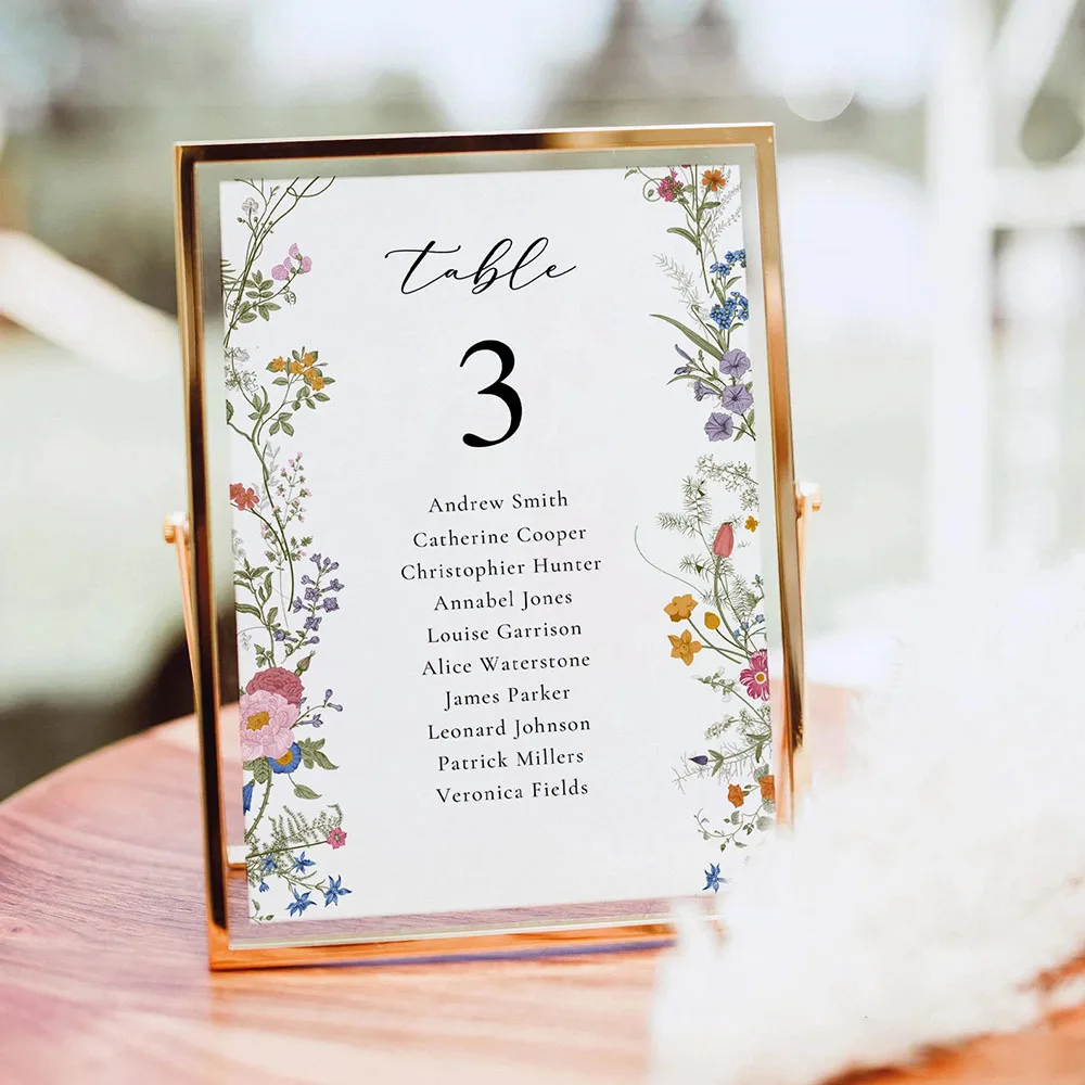 Tabla de números de mesa de boda de flor silvestre personalizada, tabla de asientos, accesorios de recién Weds, suministros de planificación de boda