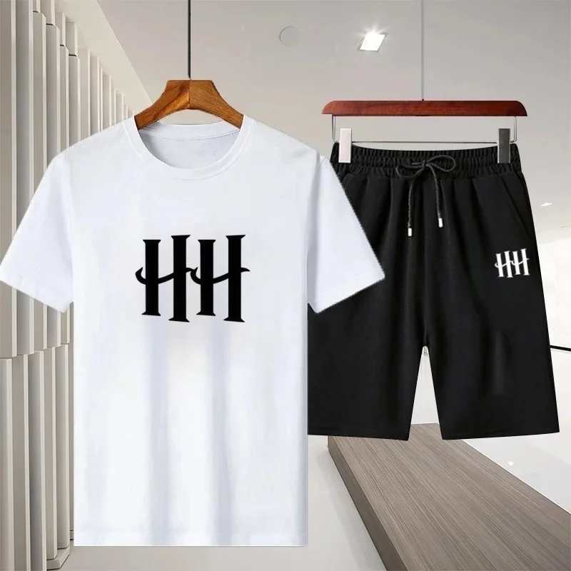 

Men's summer quick-drying and breathable casual two-piece set, outdoor jogging and fitness sport round-neck T-shirt and shorts