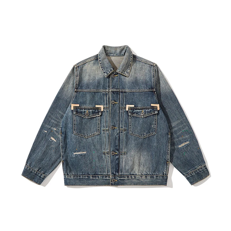 

Japanese Retro Cityboy Trendy Distressed Patchwork Denim Jacket for Men - 100% Cotton Loose Fit Red Selvedge with Splatter Paint